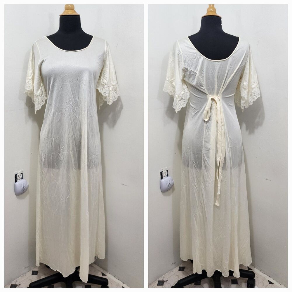 Vintage Ivory Nylon Nightgown Full Length Lace Trim Semi-Sheer Tie Back Sz 36